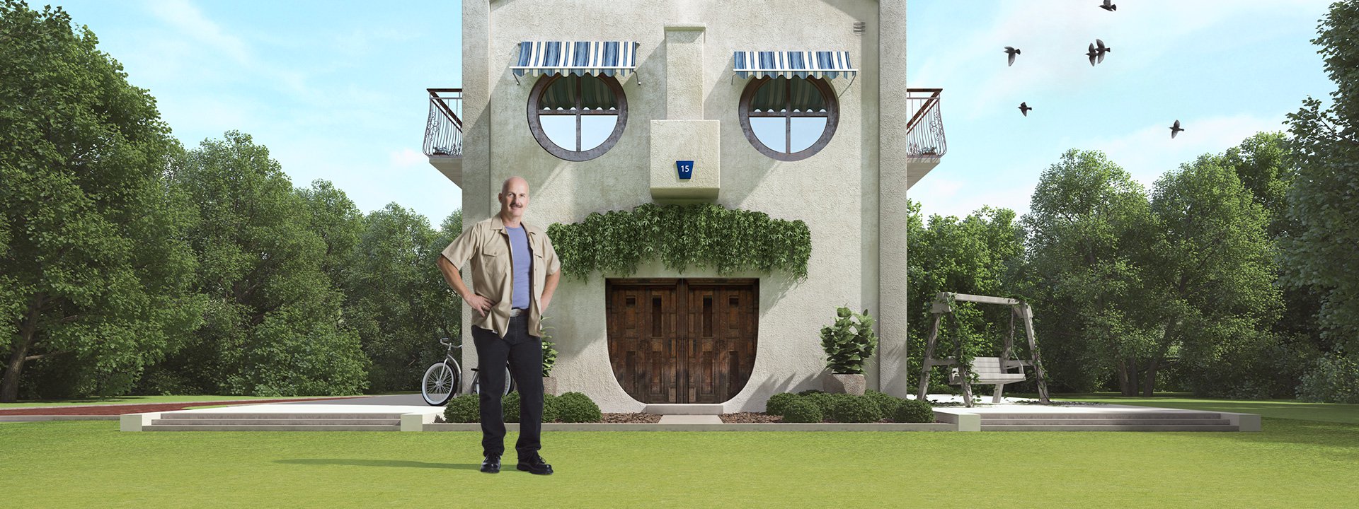 Mister and house in the shape of face. Mortgage